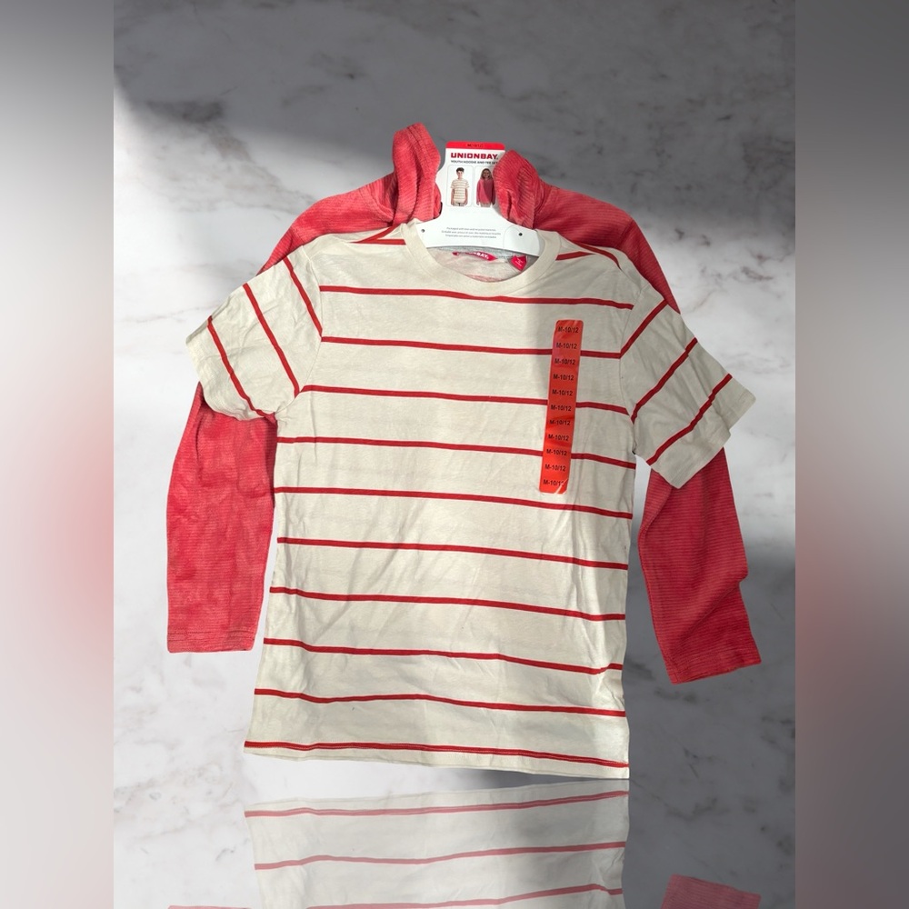 Unionbay Red and White Striped Kids Tee and Hoodie pink or dark pink Sz Medium